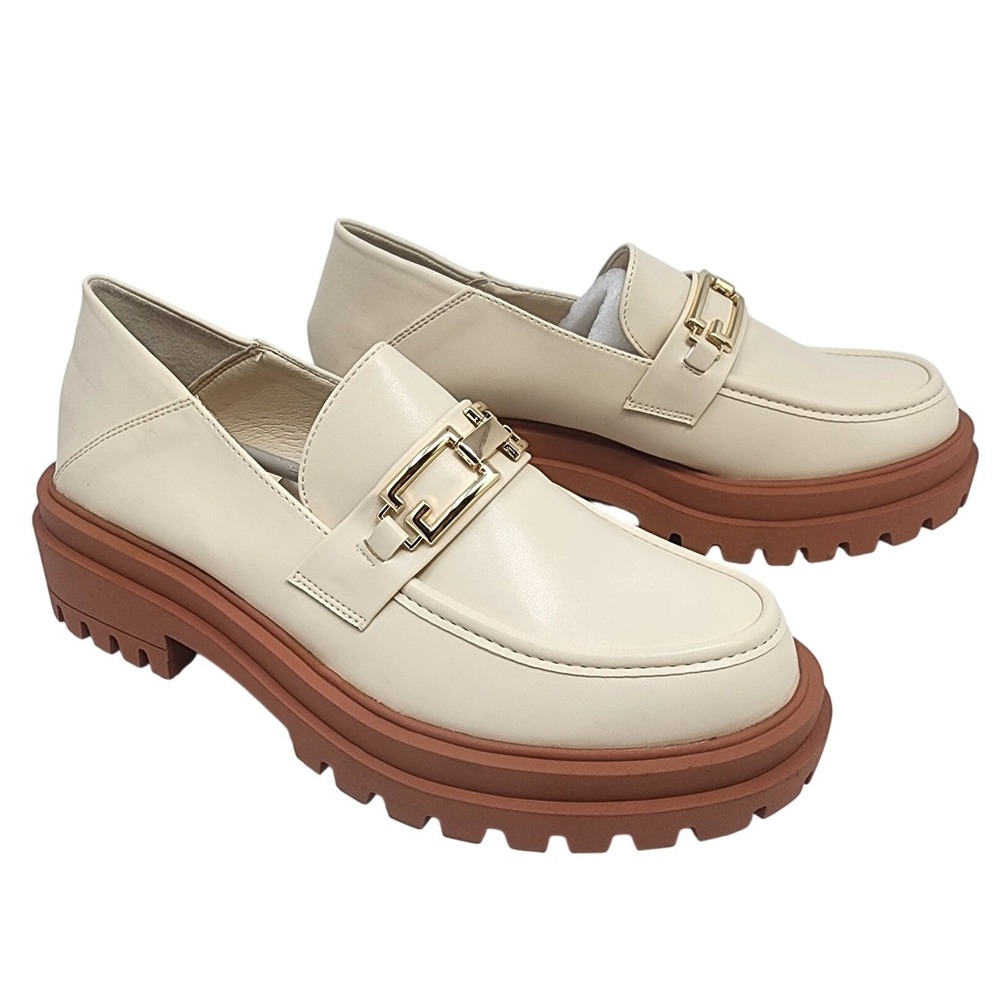 ZBY Womens Platform Loafers Cream Gold Chainโ Link Chunky Lug Sole Shoes 6.5 NEW